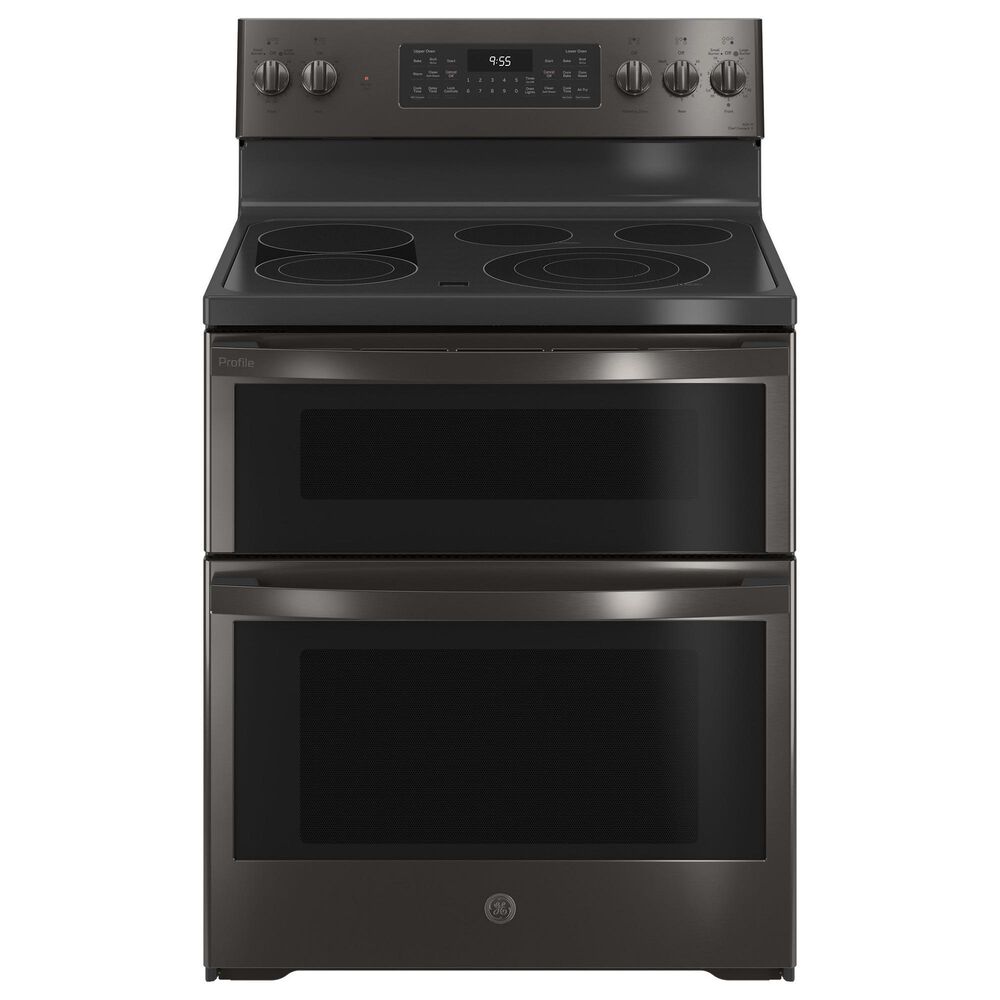 GE Profile Profile 2-Piece Kitchen Packages with 30&quot; Electric Double Oven Range and 1.7 Cu. Ft. Over-the-Range Microwave Oven in Fingerprint Resistant Black Stainless Steel, , large