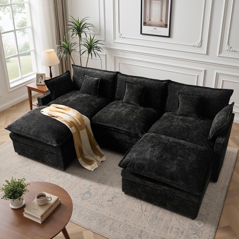 HOMLUX 107.87" Ultra-Comfort Chenille Sectional Sofa Set in Balck, , large