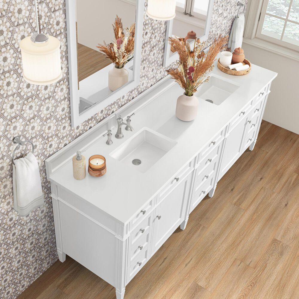 James Martin Brittany 84" Double Bathroom Vanity in Bright White with 3 cm White Zeus Top and Rectangular Sinks, , large