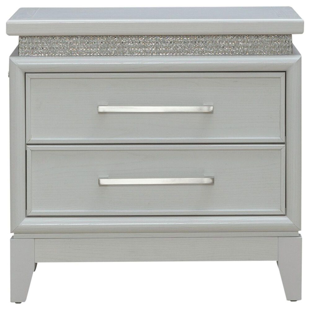 Belle Furnishings Reflections Queen Upholstered Bed with Two Nightstands in Pearl White and Rhinestone, , large