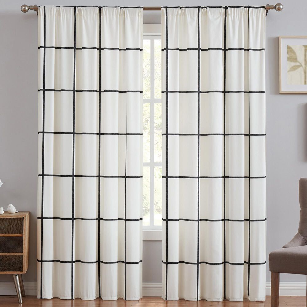 Pem America Truly Soft Windowpane 2-Piece Window Panel Pair in Ivory and Black, , large