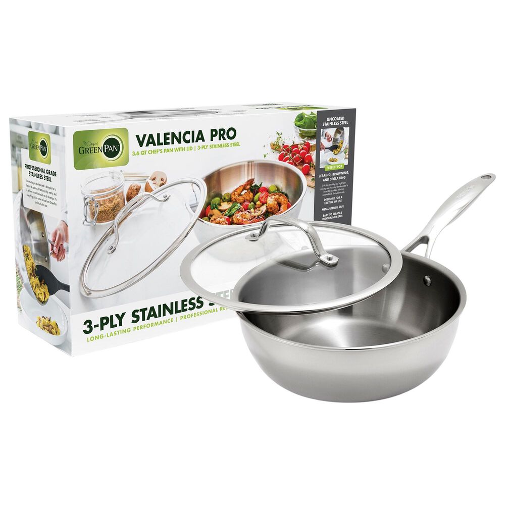 Green Pan Valencia Pro 3.6-Quart Uncoated Chef's Pan with Lid in Stainless Steel, , large