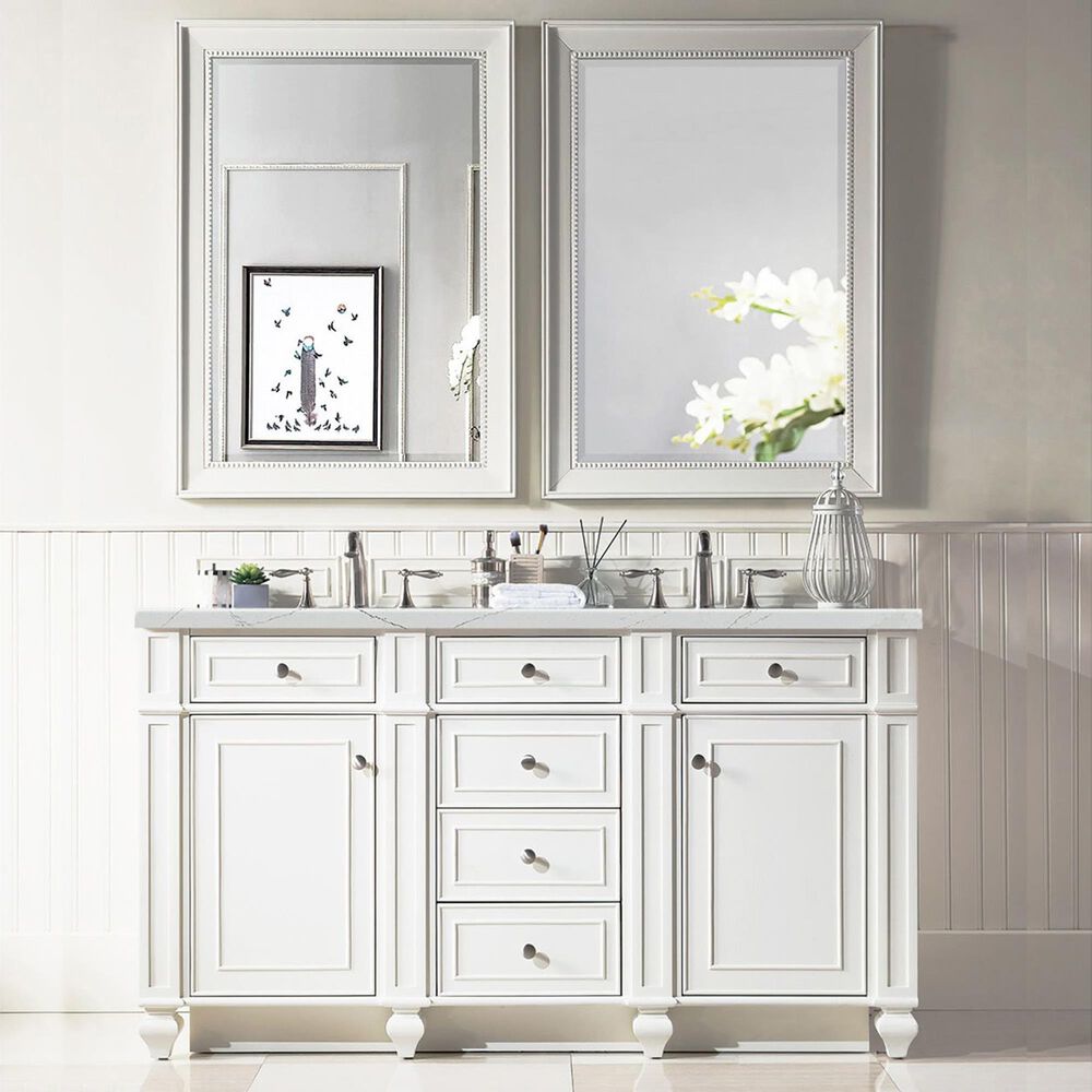 James Martin Vanities Bristol 60&quot; Double Bathroom Vanity in Bright White with 3 cm Ethereal Noctis Quartz Top and Rectangular Sinks, , large