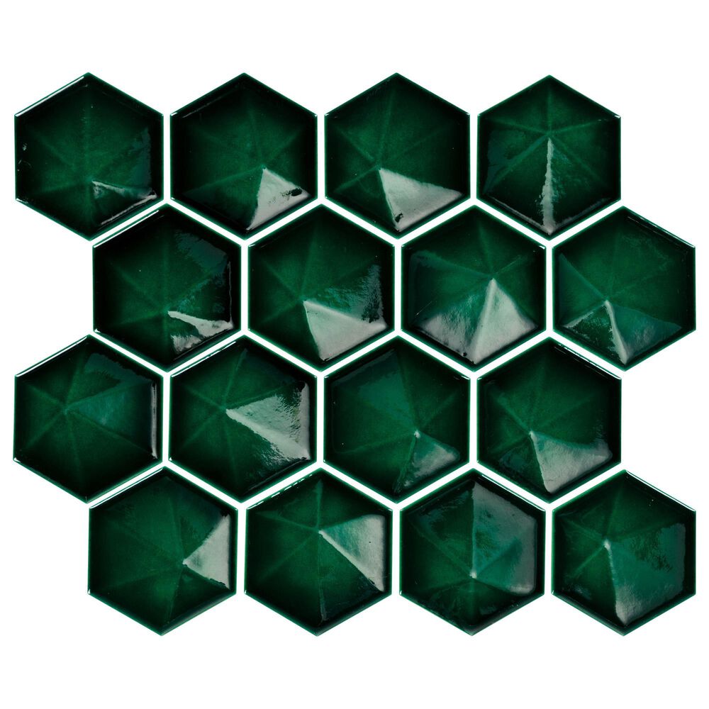 Dal-Tile Artefino Jewel Emerald 3" Pyramid Hexagon Apex on 11" x 12" Porcelain Mosaic Sheet, , large