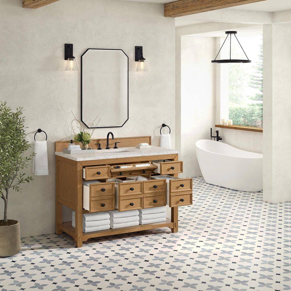 James Martin Malibu 48&quot; Single Bathroom Vanity in Amber Birch with 3 cm Eternal Jasmine Pearl Quartz Top and Rectangular Sink, , large