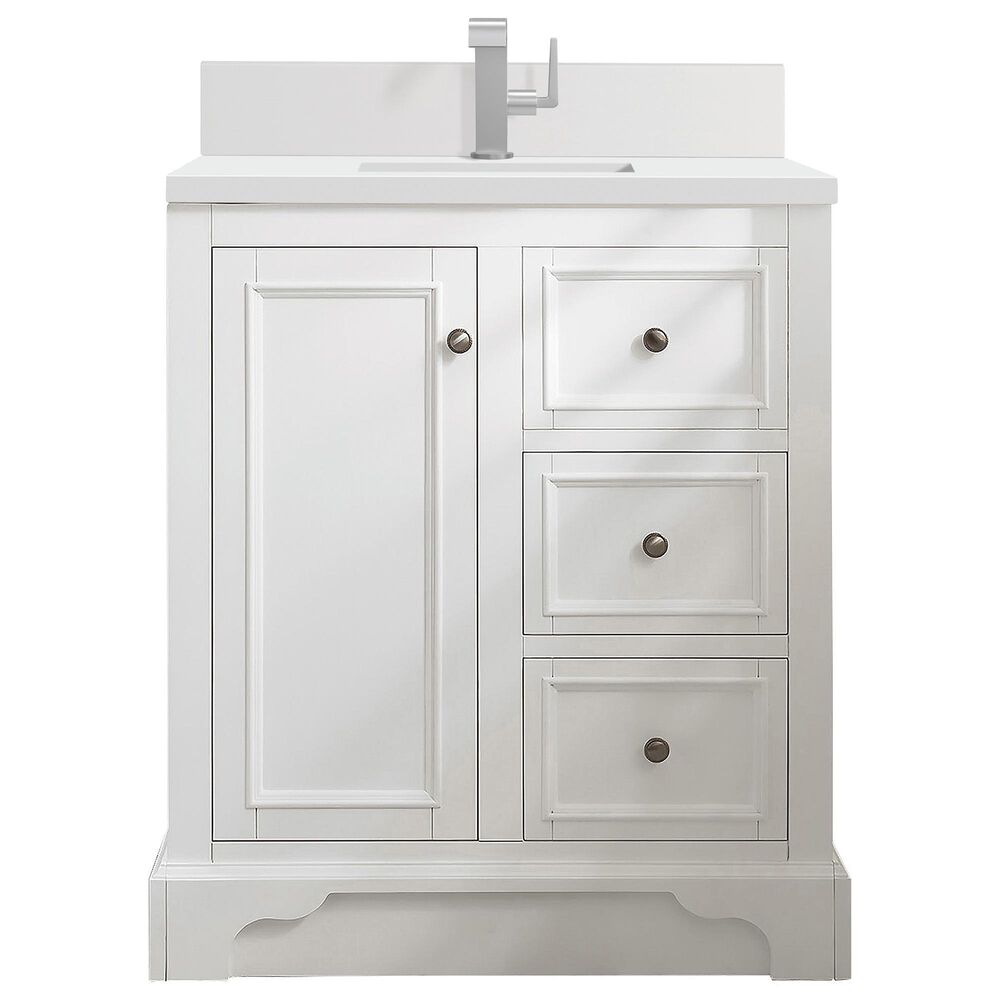 James Martin Vanities De Soto 30" Single Bathroom Vanity in Bright White with Single Hole 3 cm White Zeus Quartz Top and Rectangular Sink, , large