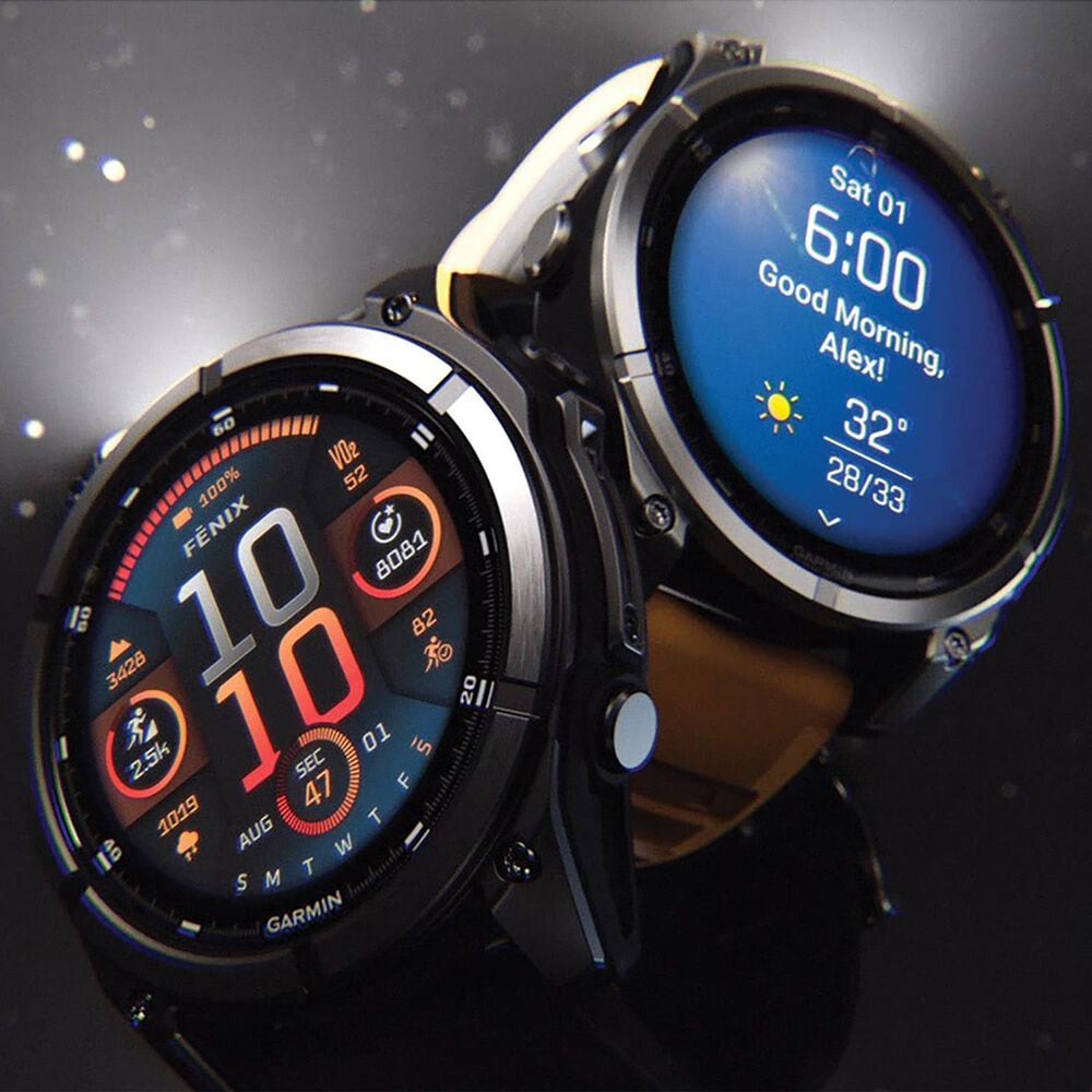 Garmin Fenix 8 Sapphire AMOLED Smartwatch 43mm Carbon Gray DLC Titanium Case with Black and Pebble Gray Silicone Band, , large