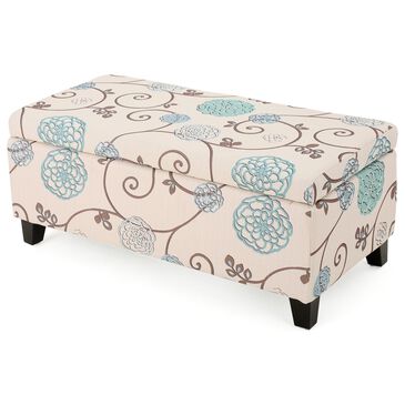 Noble House Ramona Storage Ottoman in White and Blue Floral, , large