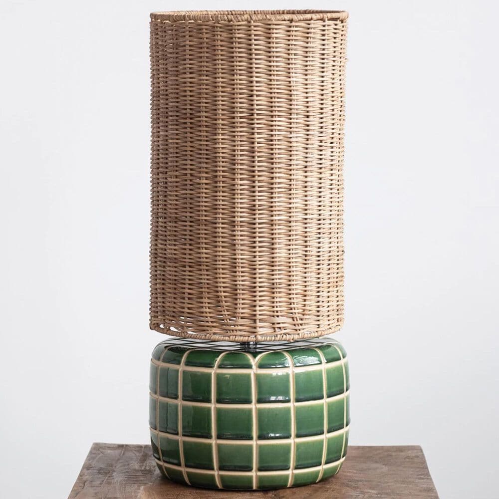 Teak Interiors Botanist Ceramic Tiled Table Lamp with Hand-Woven Rattan Shade in Green and Natural, , large