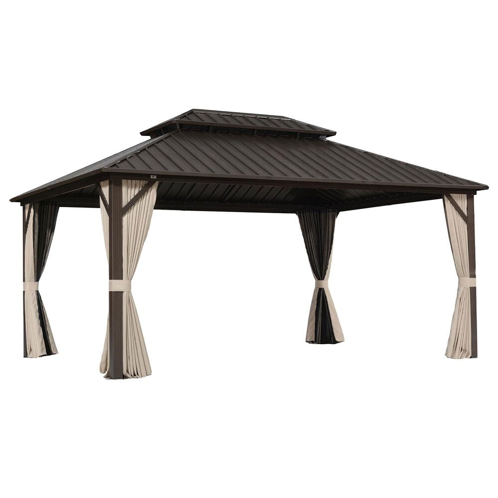 HOMLUX 12" x 16" Outdoor Hardtop Gazebo with Galvanized Steel Roof, Aluminum Frame, Curtains & Netting in Brown, , large