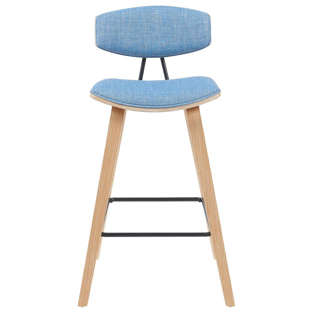 Armen Living Fox Bar Height Stool with Light Blue Upholstery in Patterned Oak, , large