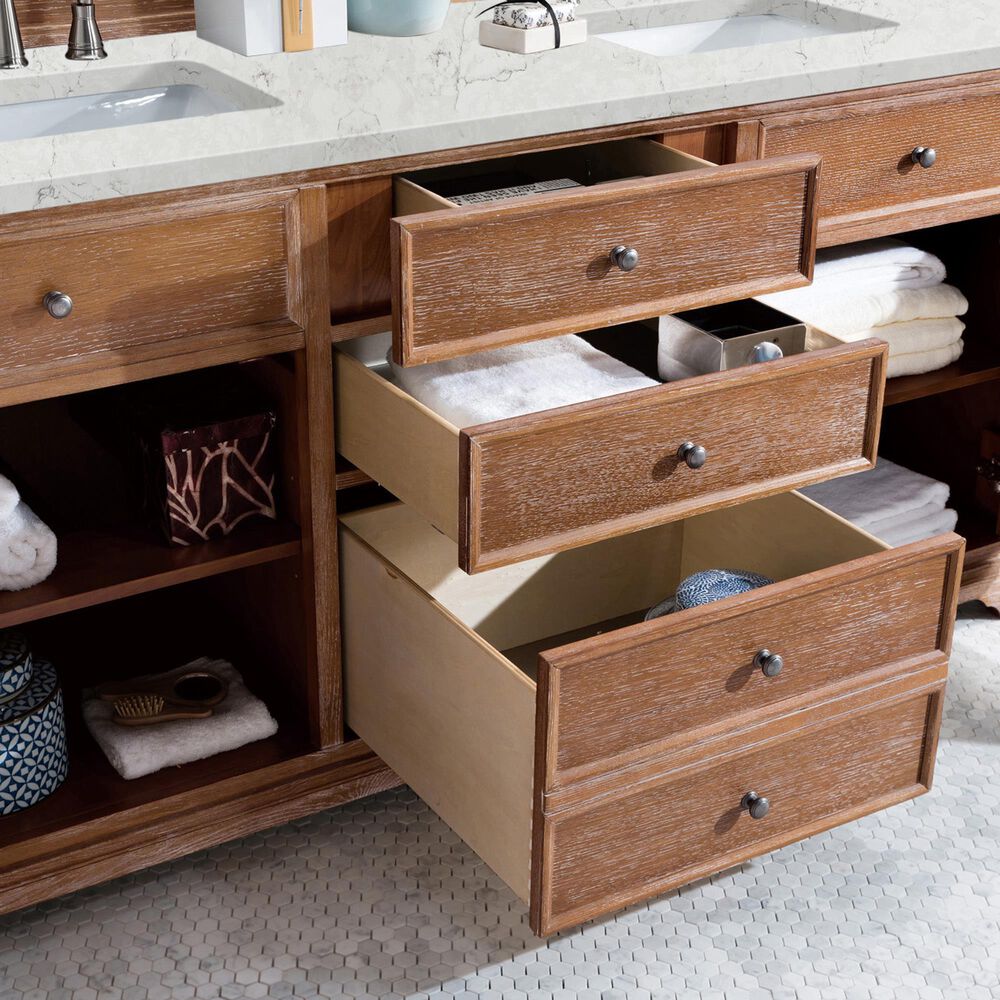 James Martin Vanities Savannah 72&quot; Double Bathroom Vanity in Driftwood with 3 cm Eternal Jasmine Pearl Quartz Top and Rectangular Sinks, , large