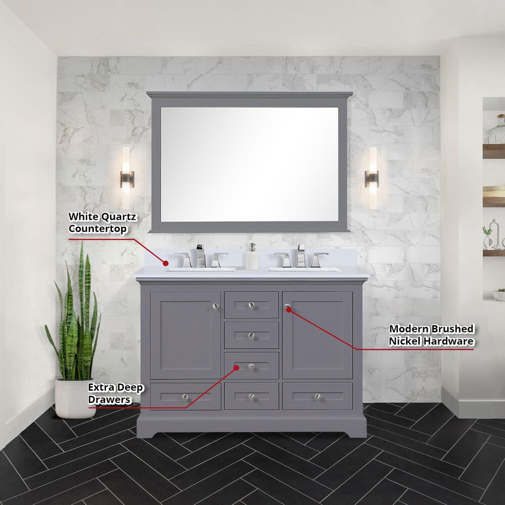 Lexora Home Dukes 48&quot; Double Bathroom Vanity in Dark Grey with 2 cm White Quartz Top and Rectangular Sinks, , large