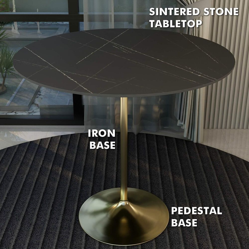 Leisuremod LeisureMod Verve Collection Modern Bar Height Table Brushed Gold Base with 48 Round Black Marbelized Sintered Stone Top, , large