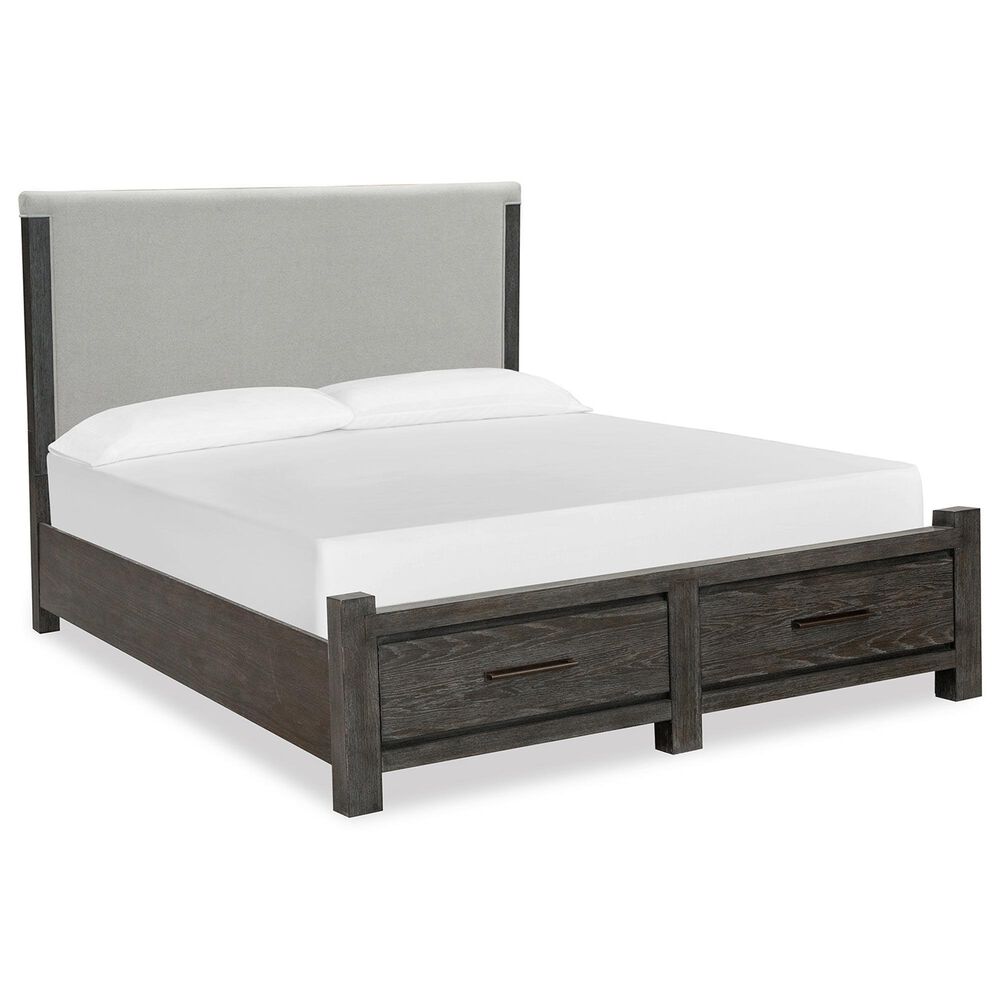 Nicolette Home Plum Creek Queen Panel Storage Bed with Upholstered Headboard in Ravenwood Black, , large