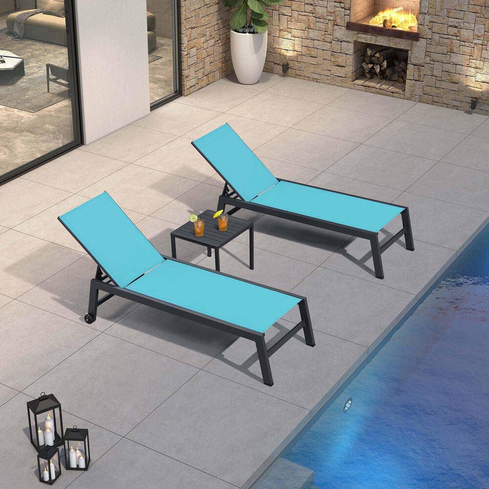 HOMLUX 3-Piece Patio Chaise Lounge Set with Wheels in Turquoise Blue, , large