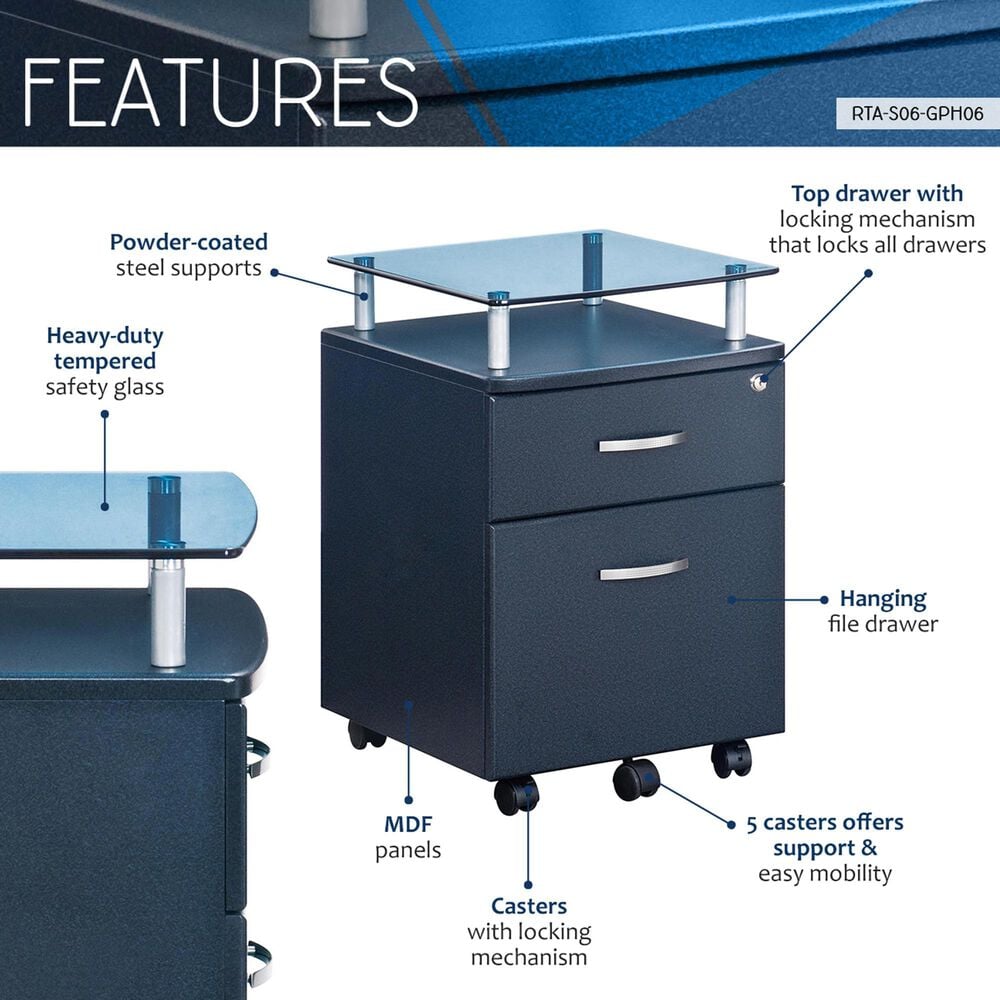 Rta Products Rolling File Cabinet with Glass Top in Graphite, , large