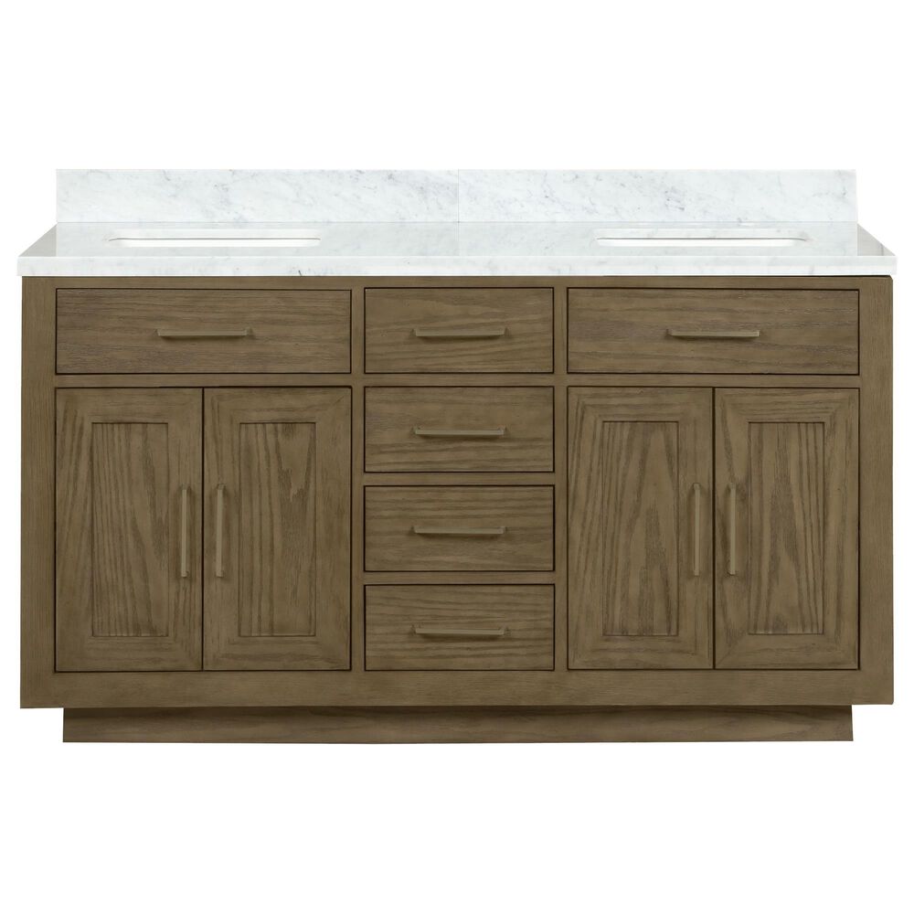 Lexora Home Abbey 60&quot; Double Bathroom Vanity in Grey Oak with 2 cm White Carrara Marble Top and Rectangular Sinks, , large