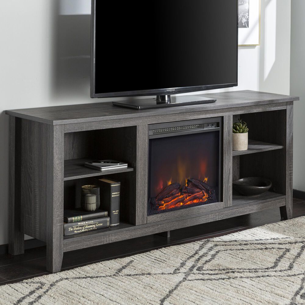 Walker Edison 58" Wood Fireplace TV Stand in Charcoal NFM