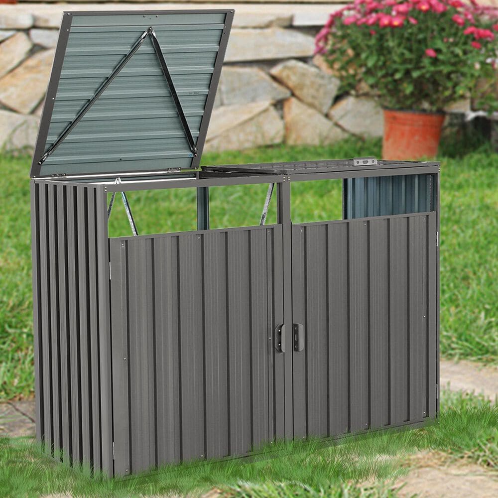 Hearth and Haven Outdoor Metal Garbage Bin Shed for 2 Trash Cans with Lockable Doors in Gray, , large