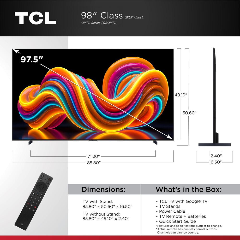 TCL 98" QM7L Series 4K UHD HDR SQD-Mini LED Smart TV with Google TV, , large