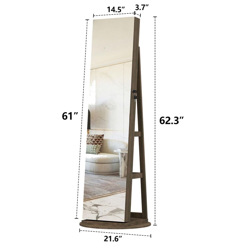 GigaCloud Swivel Jewelry Cabinet with Full Length Mirror and Locking Mechanism in Brown, , large