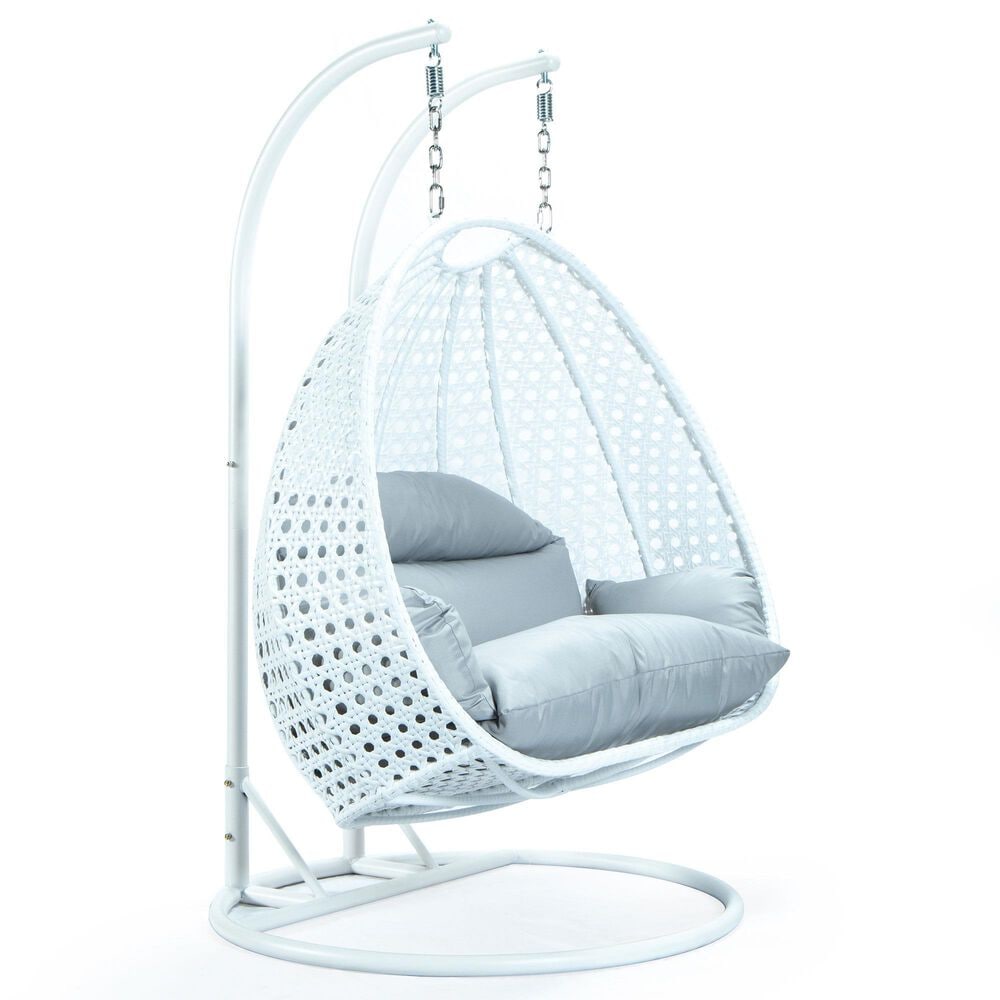 Leisuremod 2-Seat Hanging Egg Swing Chair with Light Grey Cushion in White, , large