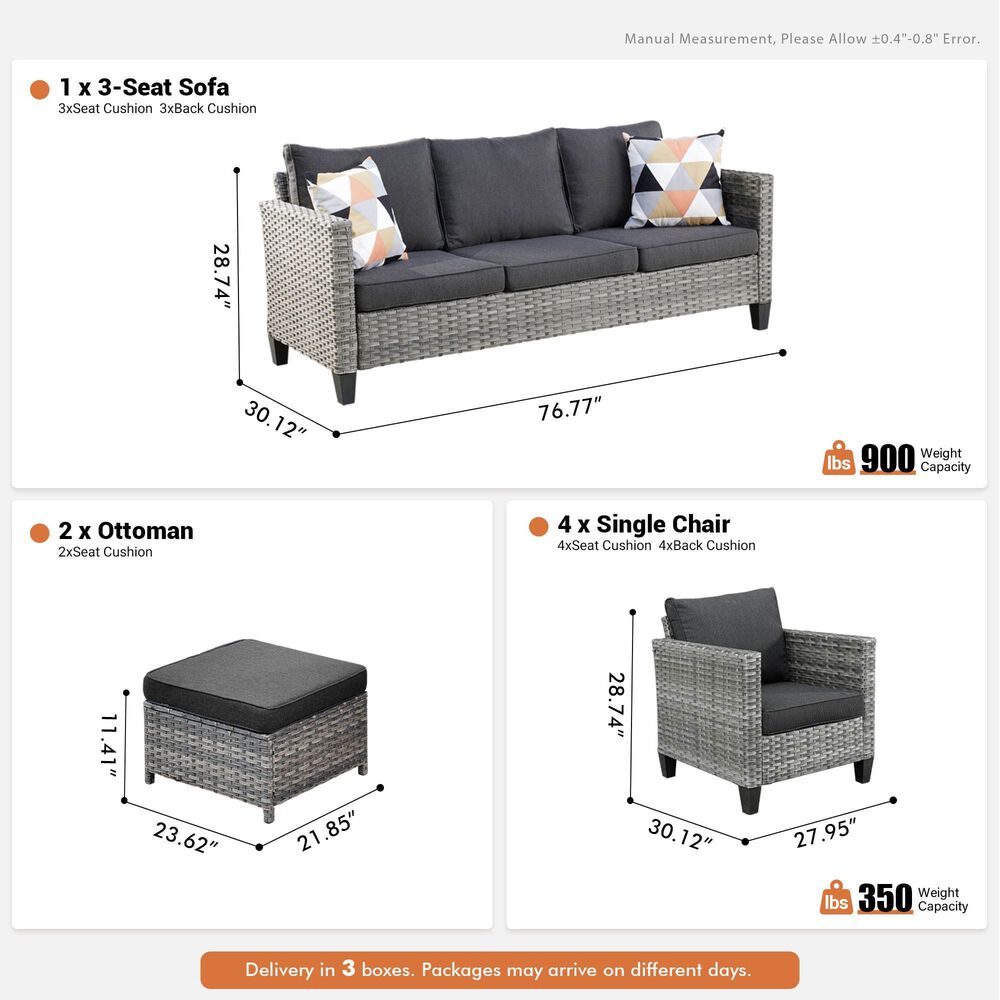 HOMLUX 7-Piece Rattan Sectional Set w/ Sofa + Footrests + Chairs, Black, , large