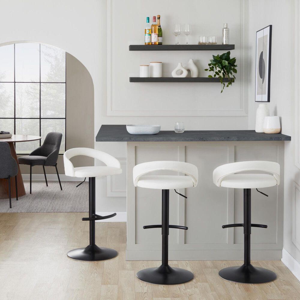 LumiSource Grotto Adjustable Bar Stool with White Faux Leather Upholstery in Black (Set of 2), , large