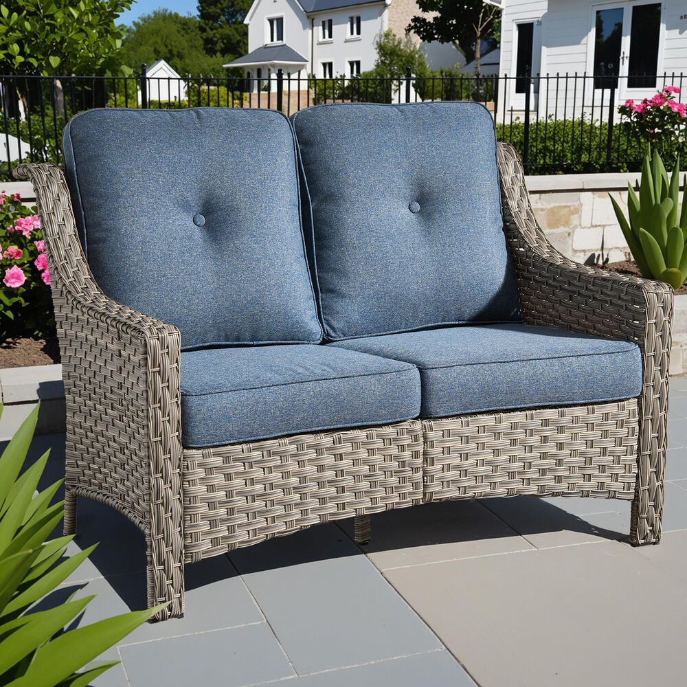 HOMLUX Outdoor Rattan Loveseat with Ergonomic Backrest in Denim Blue, , large