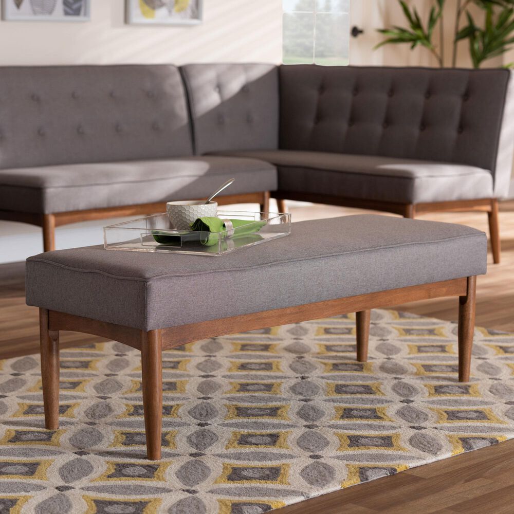 Baxton Studio Arvid Dining Bench with Gray Cushion in Walnut Brown, , large