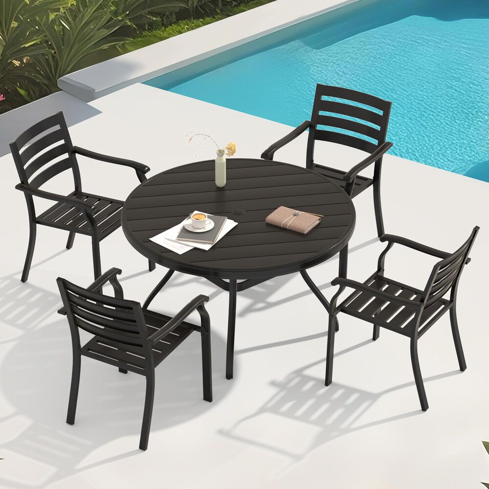 Hearth and Haven 5-Piece Outdoor Metal Dining Set with Stackable Chairs and Round Slatted Table in Black, , large