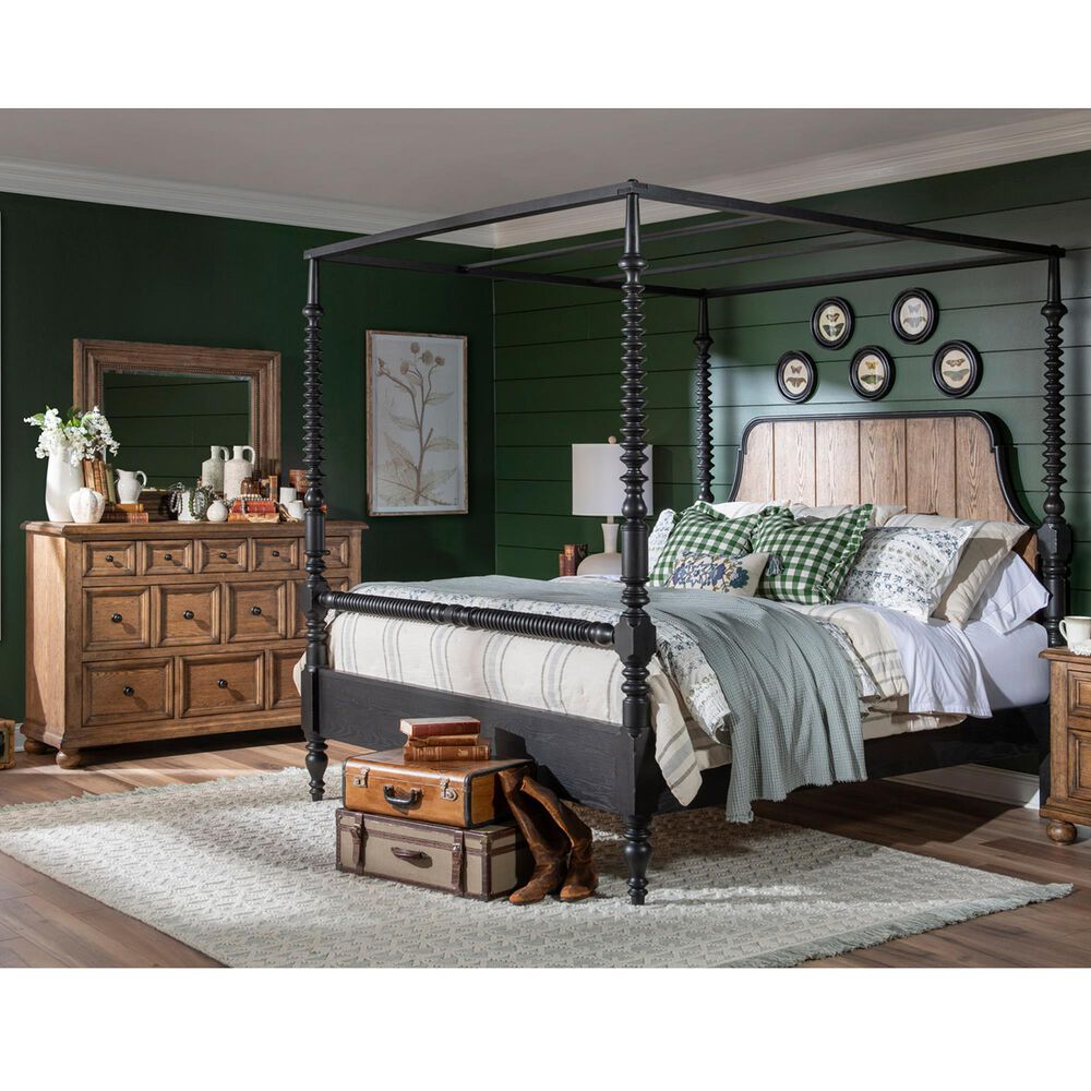 Legacy Classic Vintage Market 3-Piece Queen Post Canopy Bedroom Set in Barnwood Oak and Kettle Black, , large