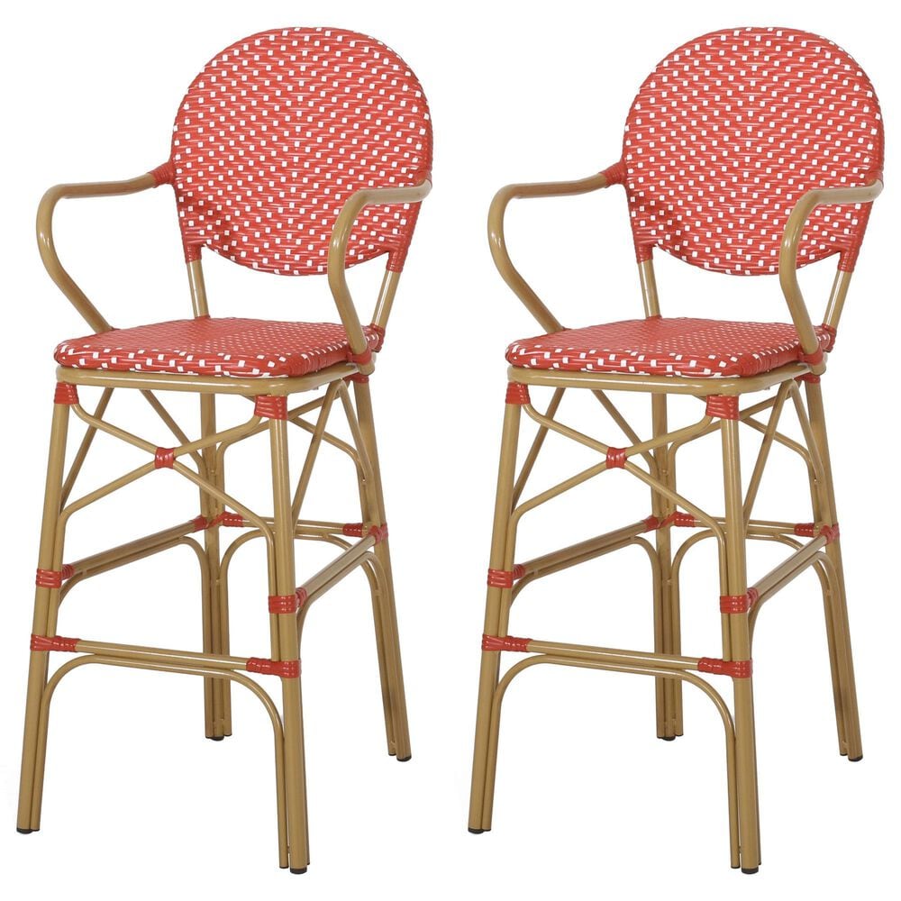 Hearth and Haven Outdoor Wicker French Barstool with Curved Design in Red (Set of 2), , large