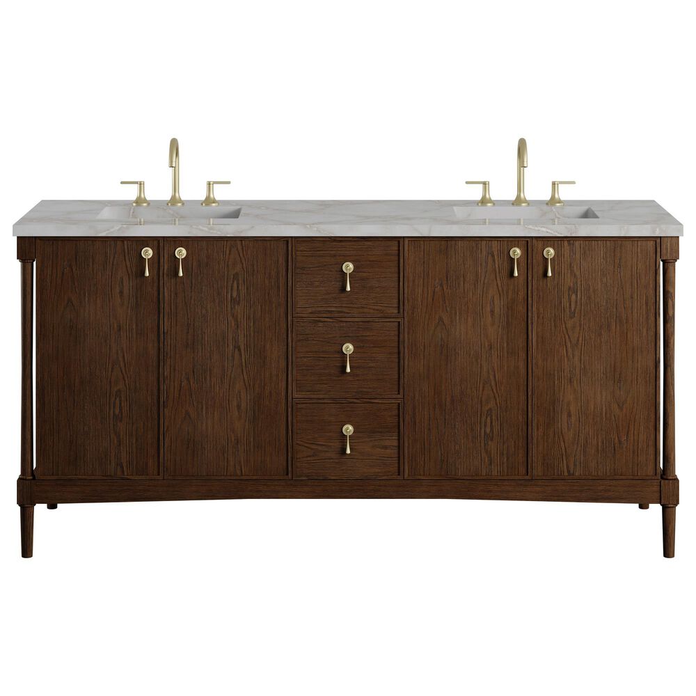 James Martin Kinnsden 72" Double Bathroom Vanity in Sable Oak with 3 cm Victorian Silver Silestone Top and Rectangular Sinks, , large