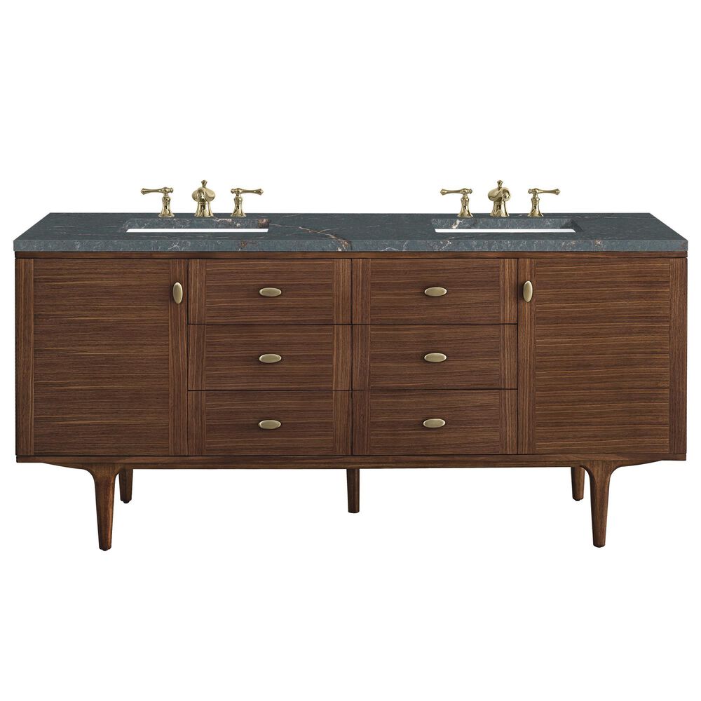 James Martin Vanities Amberly 72&quot; Double Bathroom Vanity in Mid-Century Walnut with 3 cm Parisien Bleu Quartz Top and Rectangular Sinks, , large