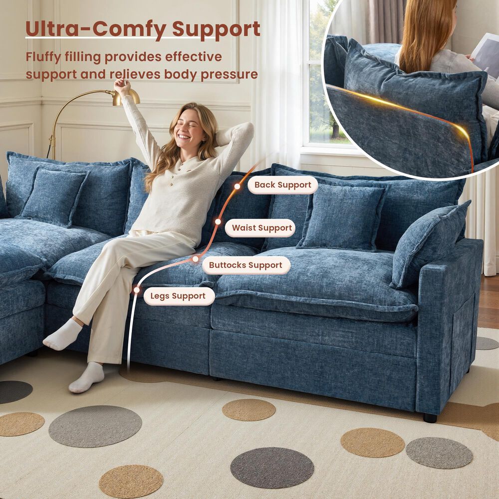 HOMLUX 107.87" Ultra-Comfort Chenille Sectional Sofa Set in Blue, , large