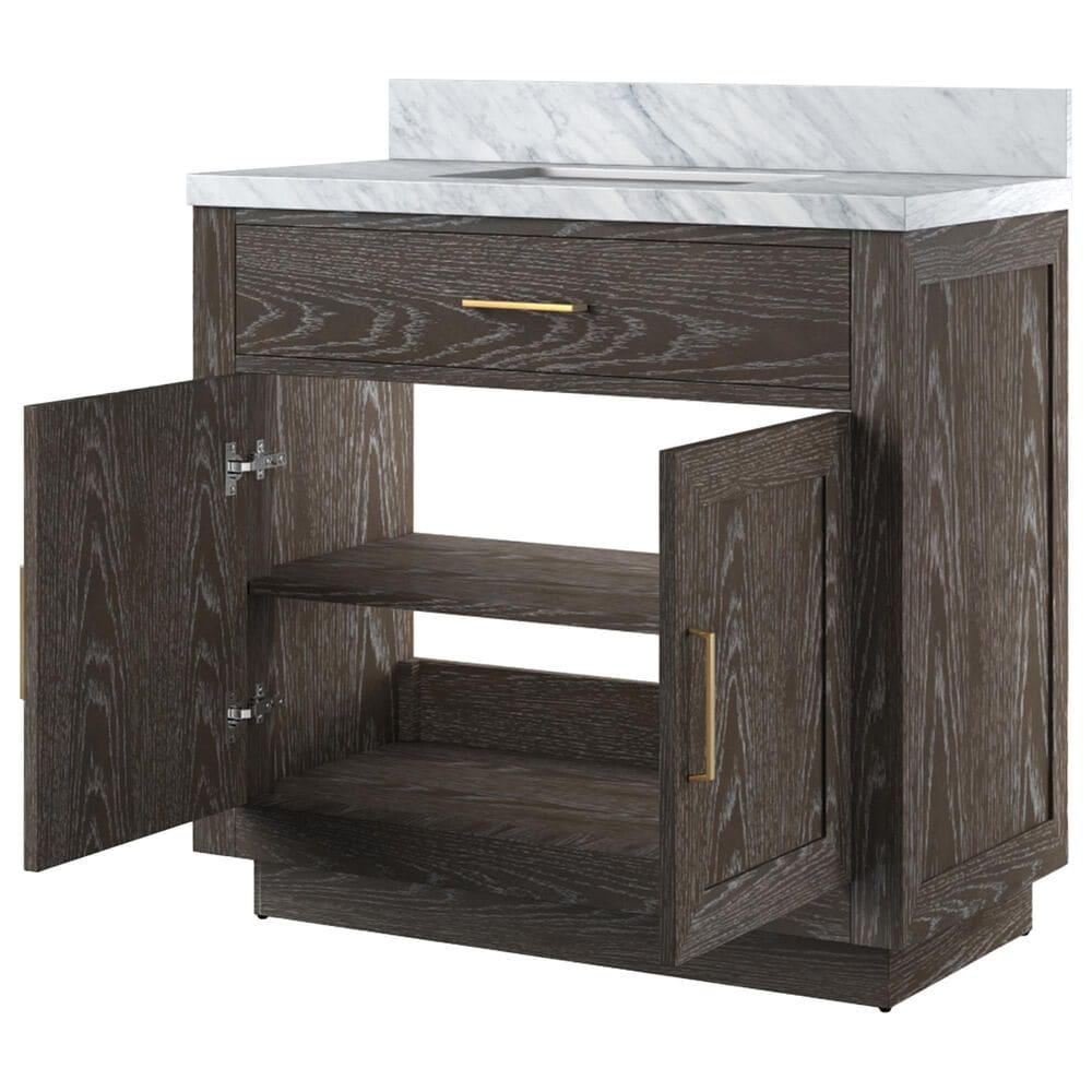 Lexora Home Abbey 36&quot; Single Bathroom Vanity in Brown Oak with 2 cm White Carrara Marble Top and Rectangular Sink, , large