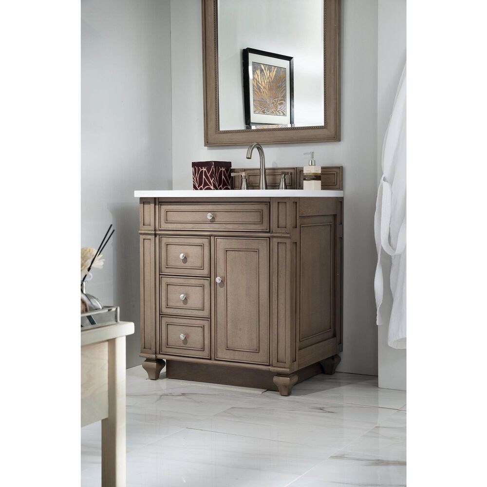 James Martin Vanities Bristol 30&quot; Single Bathroom Vanity in White Washed Walnut with 3 cm White Zeus Quartz Top and Rectangular Sink, , large