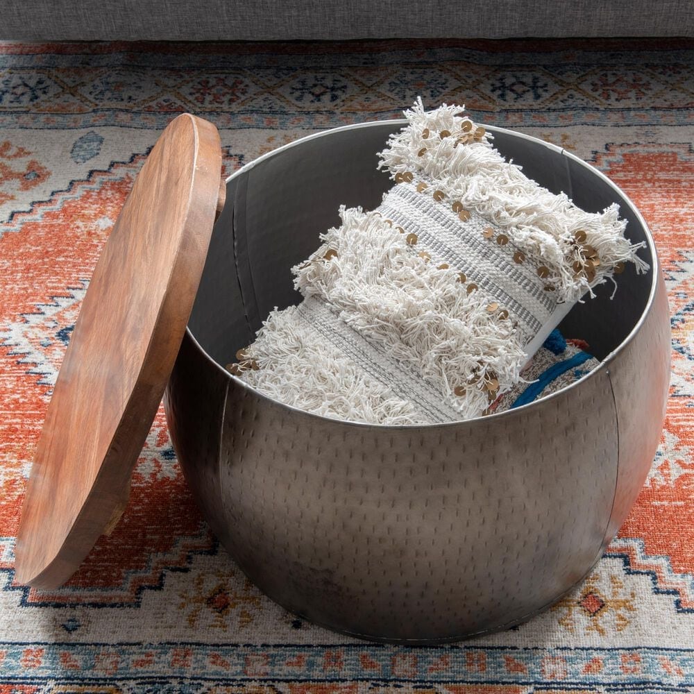 Linon Home Decor Royce 22" Drum Coffee Table with Storage in Pewter, , large