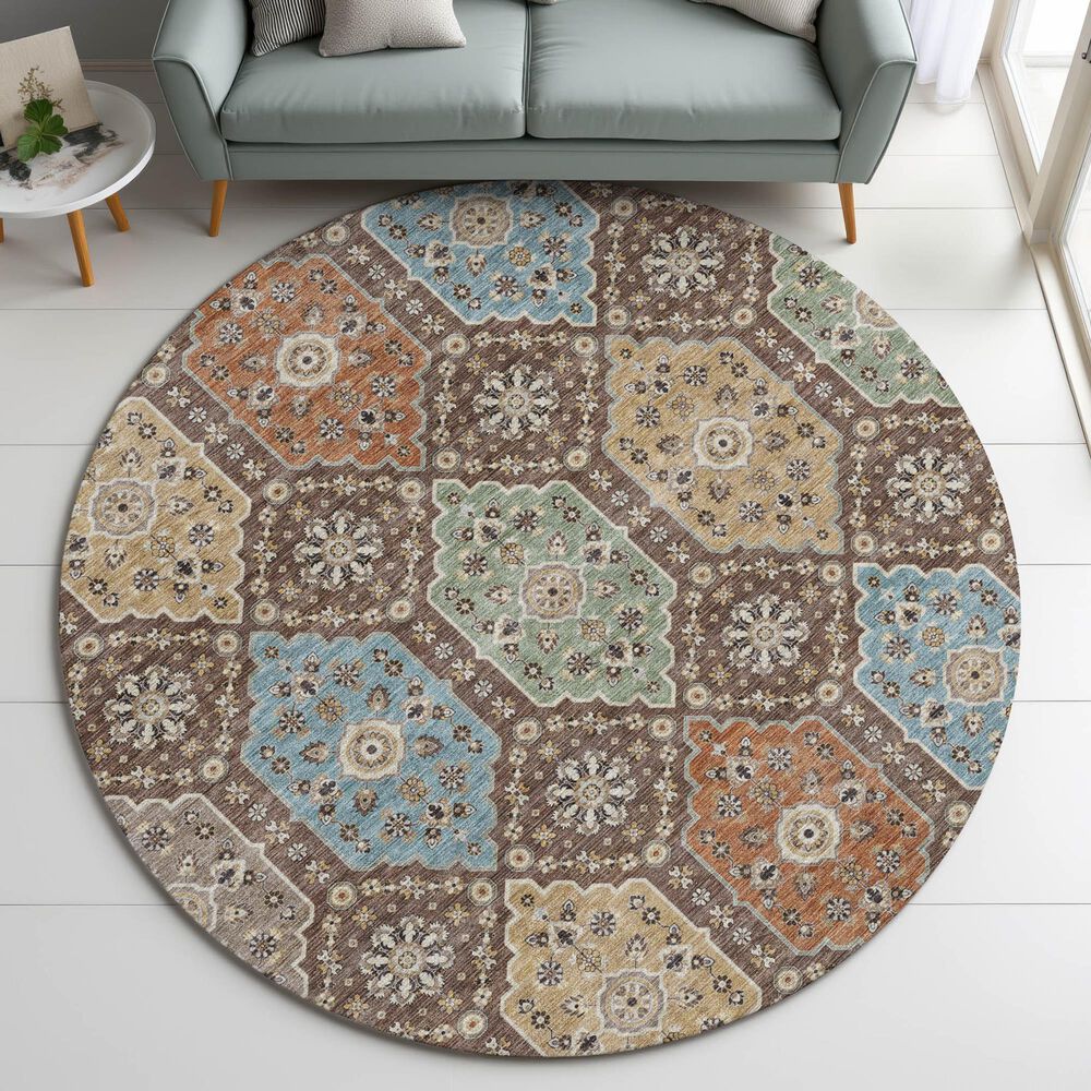 Dalyn Rug Company Silk Road Chocolate, Ivory, Gold, Copper, Gray, Taupe and Blue 8&#39; Round Area Rug, , large