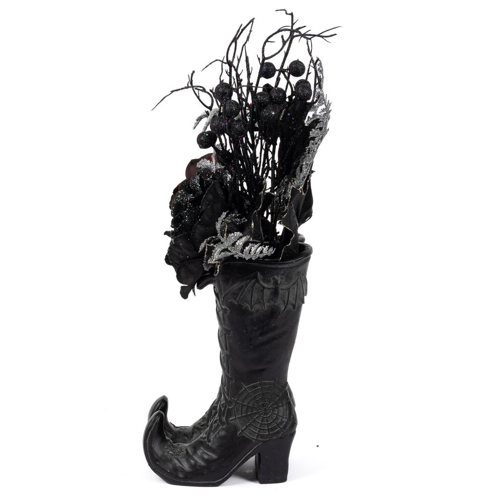 The Gerson Company 22&quot;H Resin Halloween Witch Boots with Floral Arrangement in Black, , large