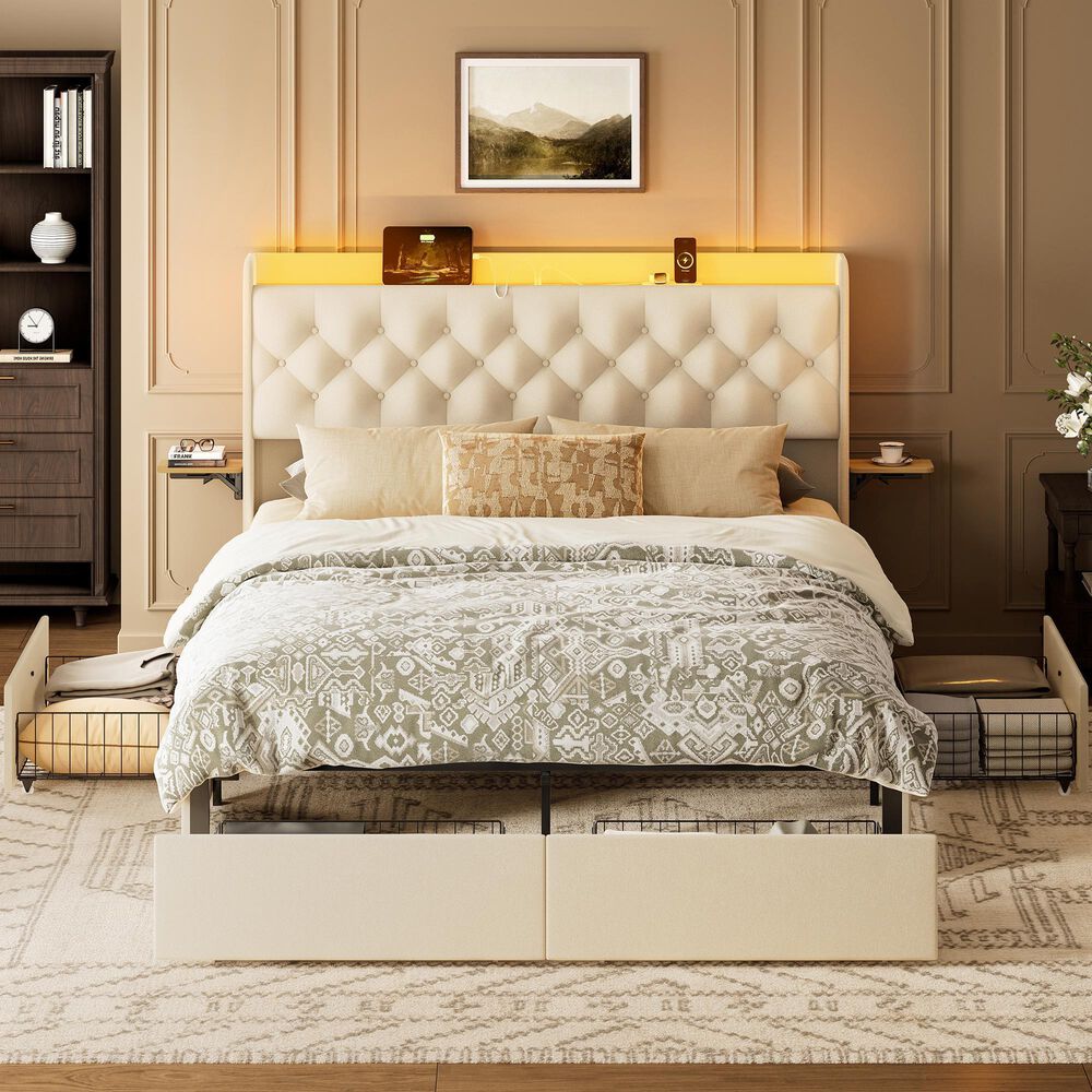HOMLUX Queen Upholstered Platform Storage Bed in Beige, , large