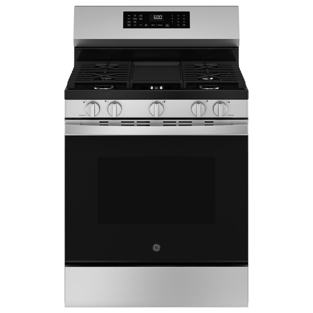 GE Appliances 2-Piece Kitchen Package with 5.3 Cu. Ft. Free-Standing Gas Range and 1.9 Cu. Ft. Over-The-Range Microwave in Stainless Steel and Black, , large