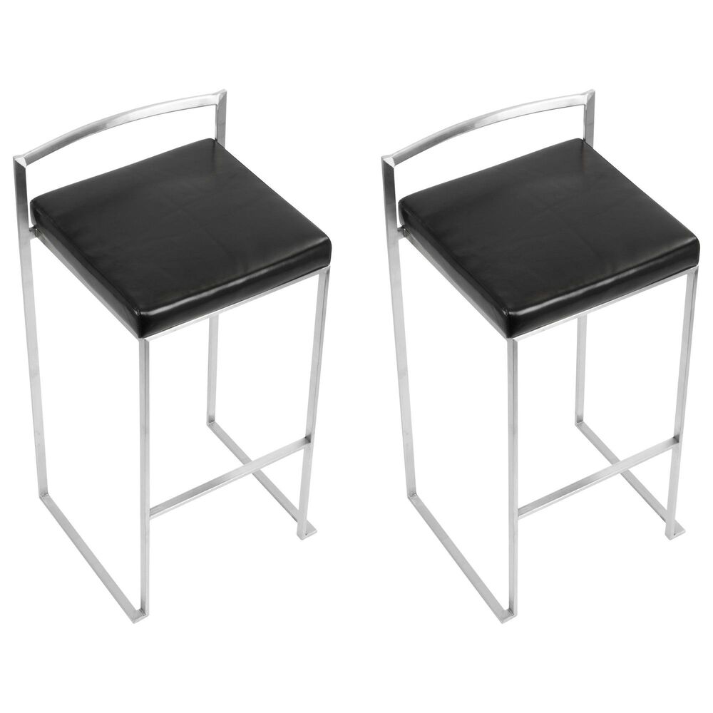 Lumisource Fuji Stackable Barstool with Black Faux Leather in Brushed Stainless Steel &#40;Set of 2&#41;, , large