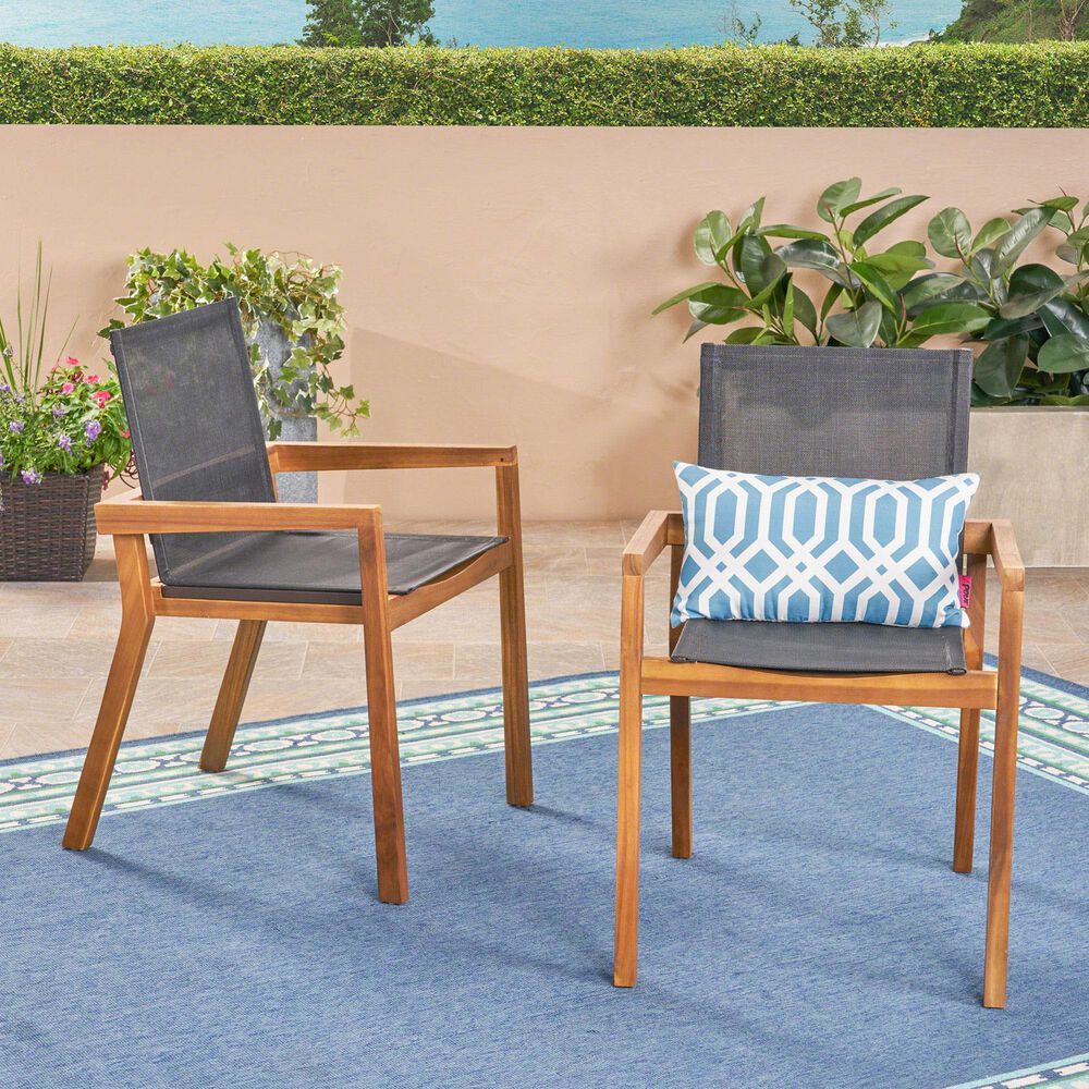 Hearth and Haven Belfast Outdoor Dining Chair with Teak Frame in Black &#40;Set of 2&#41;, , large