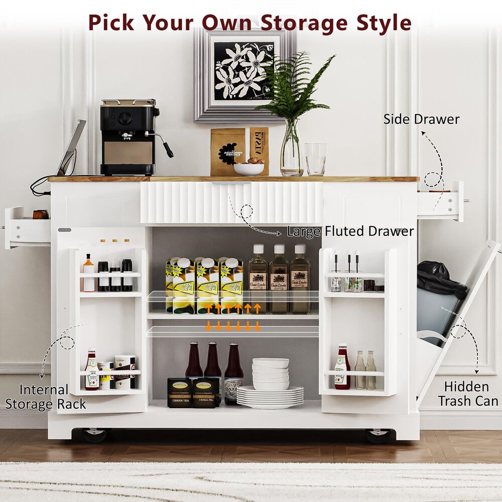 HOMLUX 49" Kitchen Island with Trash Can Storage Cabinet in White, , large