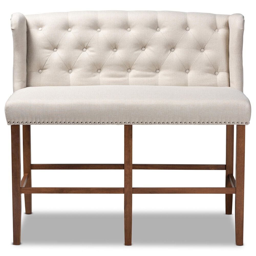 Baxton Studio Alira Bar Stool Bench with Beige Cushion in Walnut, , large