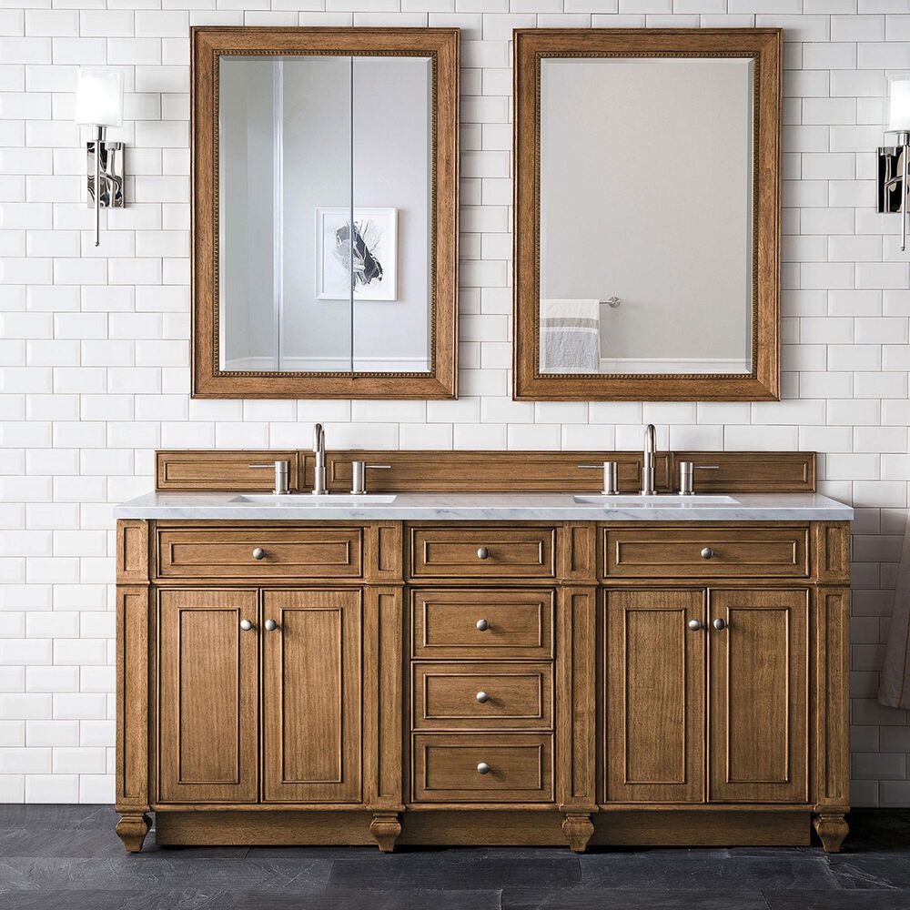 James Martin Vanities Bristol 72&quot; Double Bathroom Vanity in Saddle Brown with 3 cm Carrara White Marble Top and Rectangular Sinks, , large