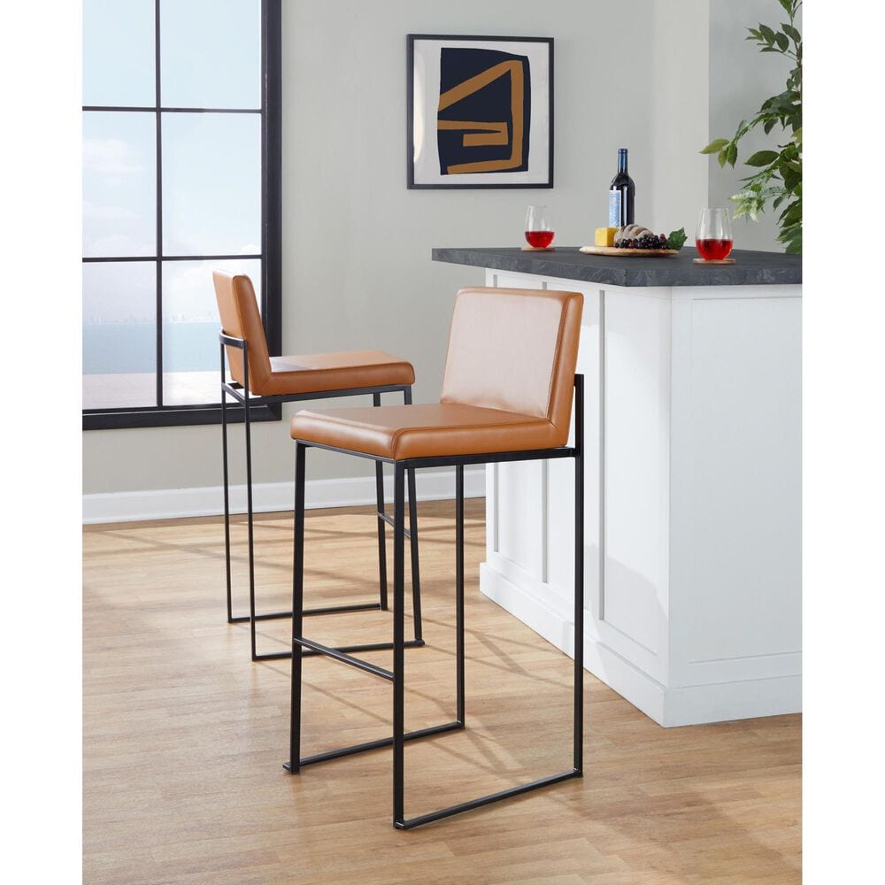 Lumisource Fuji High Back Barstool with Camel Faux Leather in Black &#40;Set of 2&#41;, , large
